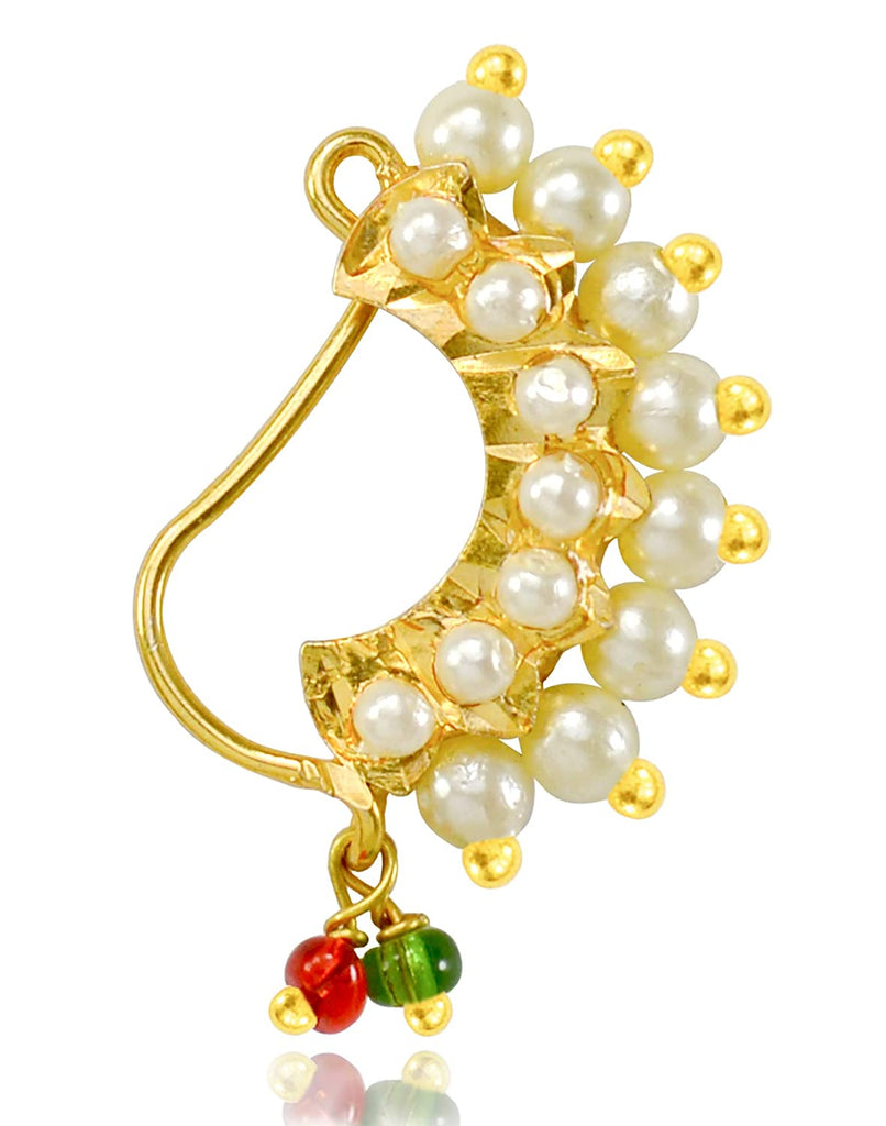 JEWELOPIA Maharashtrian Nath CZ Nose ring without piercing Pearl Gold